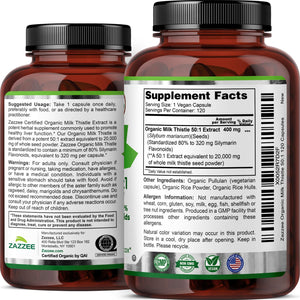 Zazzee USDA Organic Milk Thistle 50:1 Extract, 80% Silymarin Flavonoids, 200 Vegan Capsules, 6+ Month Supply, Silybum Marianum, Liver Support & Detox Support, Organic All-Natural, Non-GMO, Made in USA - PrimeBioHealth - canada supplements
