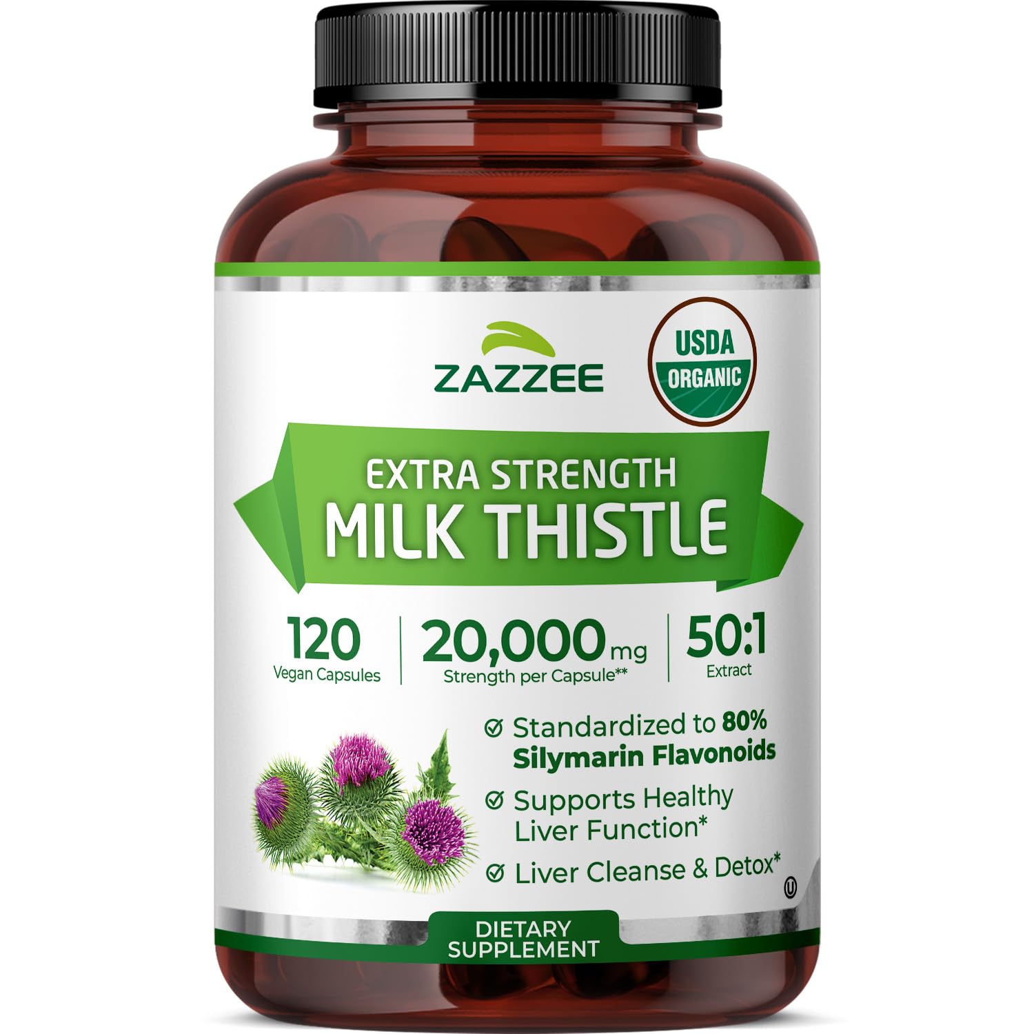 Zazzee USDA Organic Milk Thistle 50:1 Extract, 80% Silymarin Flavonoids, 200 Vegan Capsules, 6+ Month Supply, Silybum Marianum, Liver Support & Detox Support, Organic All-Natural, Non-GMO, Made in USA - PrimeBioHealth - canada supplements