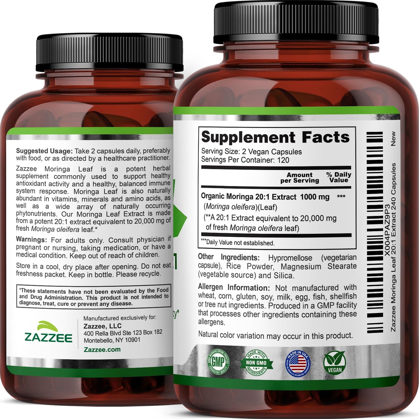 Zazzee USDA Organic Moringa Leaf 20:1 Extract, 180 Vegan Capsules, 3 Month Supply, Certified Kosher, Moringa Oleifera, Antioxidant, Immune & Cellular Support, Superfood Supplement, Made in the USA - PrimeBioHealth - canada supplements