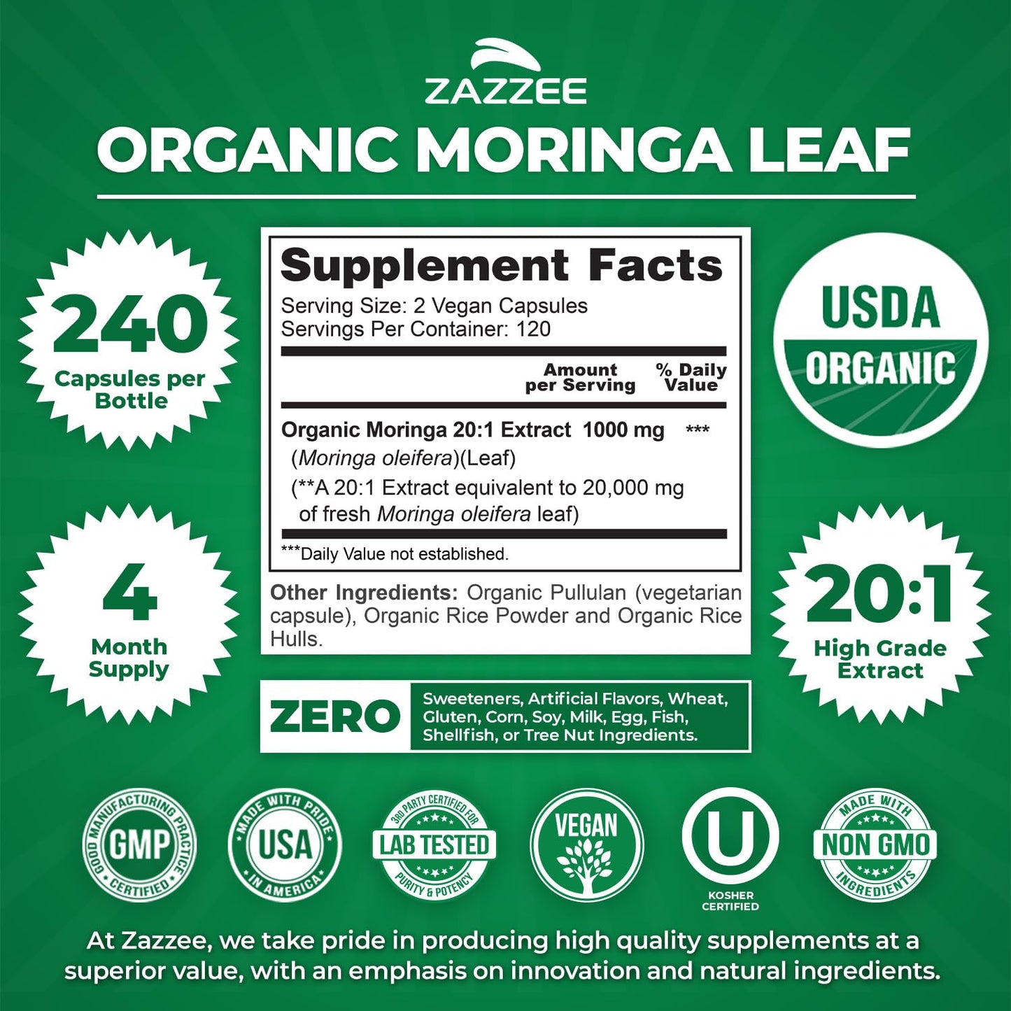 Zazzee USDA Organic Moringa Leaf 20:1 Extract, 180 Vegan Capsules, 3 Month Supply, Certified Kosher, Moringa Oleifera, Antioxidant, Immune & Cellular Support, Superfood Supplement, Made in the USA - PrimeBioHealth - canada supplements