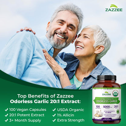 Zazzee USDA Organic Odorless Garlic 20:1 Extract, 1% Allicin, 100 Vegan Capsules, 3+ Month Supply, Allium Sativum, Immune, Circulation & Heart Health Support, All-Natural, Non-GMO, Made in the USA - PrimeBioHealth - canada supplements