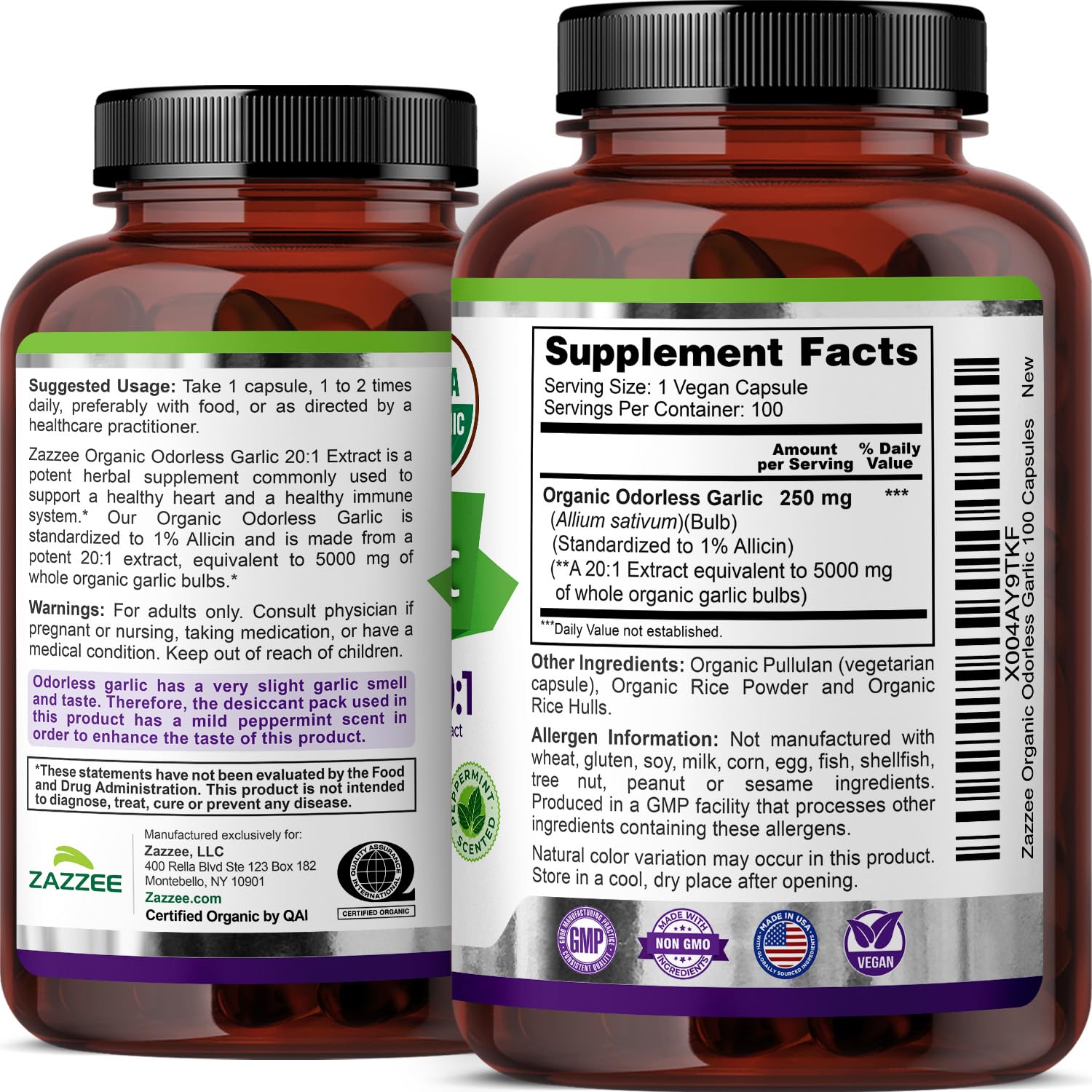 Zazzee USDA Organic Odorless Garlic 20:1 Extract, 1% Allicin, 100 Vegan Capsules, 3+ Month Supply, Allium Sativum, Immune, Circulation & Heart Health Support, All-Natural, Non-GMO, Made in the USA - PrimeBioHealth - canada supplements