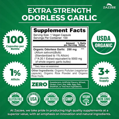 Zazzee USDA Organic Odorless Garlic 20:1 Extract, 1% Allicin, 100 Vegan Capsules, 3+ Month Supply, Allium Sativum, Immune, Circulation & Heart Health Support, All-Natural, Non-GMO, Made in the USA - PrimeBioHealth - canada supplements