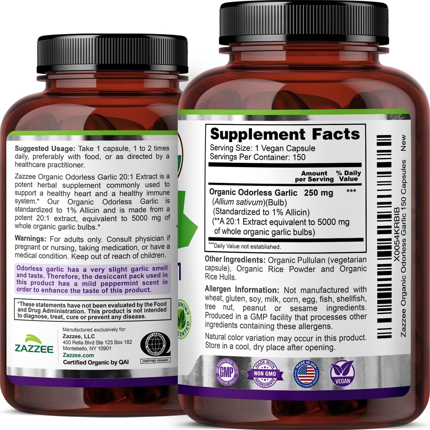 Zazzee USDA Organic Odorless Garlic 20:1 Extract, 1% Allicin, 100 Vegan Capsules, 3+ Month Supply, Allium Sativum, Immune, Circulation & Heart Health Support, All-Natural, Non-GMO, Made in the USA - PrimeBioHealth - canada supplements