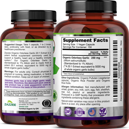 Zazzee USDA Organic Odorless Garlic 20:1 Extract, 1% Allicin, 100 Vegan Capsules, 3+ Month Supply, Allium Sativum, Immune, Circulation & Heart Health Support, All-Natural, Non-GMO, Made in the USA - PrimeBioHealth - canada supplements