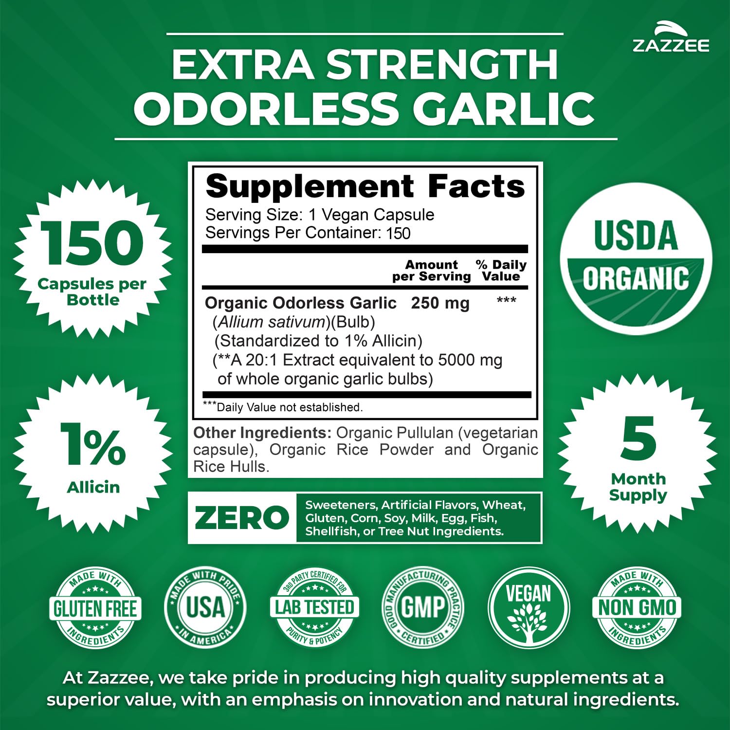 Zazzee USDA Organic Odorless Garlic 20:1 Extract, 1% Allicin, 100 Vegan Capsules, 3+ Month Supply, Allium Sativum, Immune, Circulation & Heart Health Support, All-Natural, Non-GMO, Made in the USA - PrimeBioHealth - canada supplements