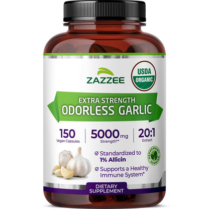 Zazzee USDA Organic Odorless Garlic 20:1 Extract, 1% Allicin, 100 Vegan Capsules, 3+ Month Supply, Allium Sativum, Immune, Circulation & Heart Health Support, All-Natural, Non-GMO, Made in the USA - PrimeBioHealth - canada supplements