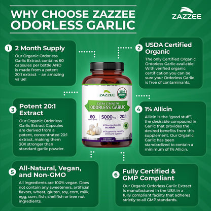 Zazzee USDA Organic Odorless Garlic 20:1 Extract, 1% Allicin, 100 Vegan Capsules, 3+ Month Supply, Allium Sativum, Immune, Circulation & Heart Health Support, All-Natural, Non-GMO, Made in the USA - PrimeBioHealth - canada supplements