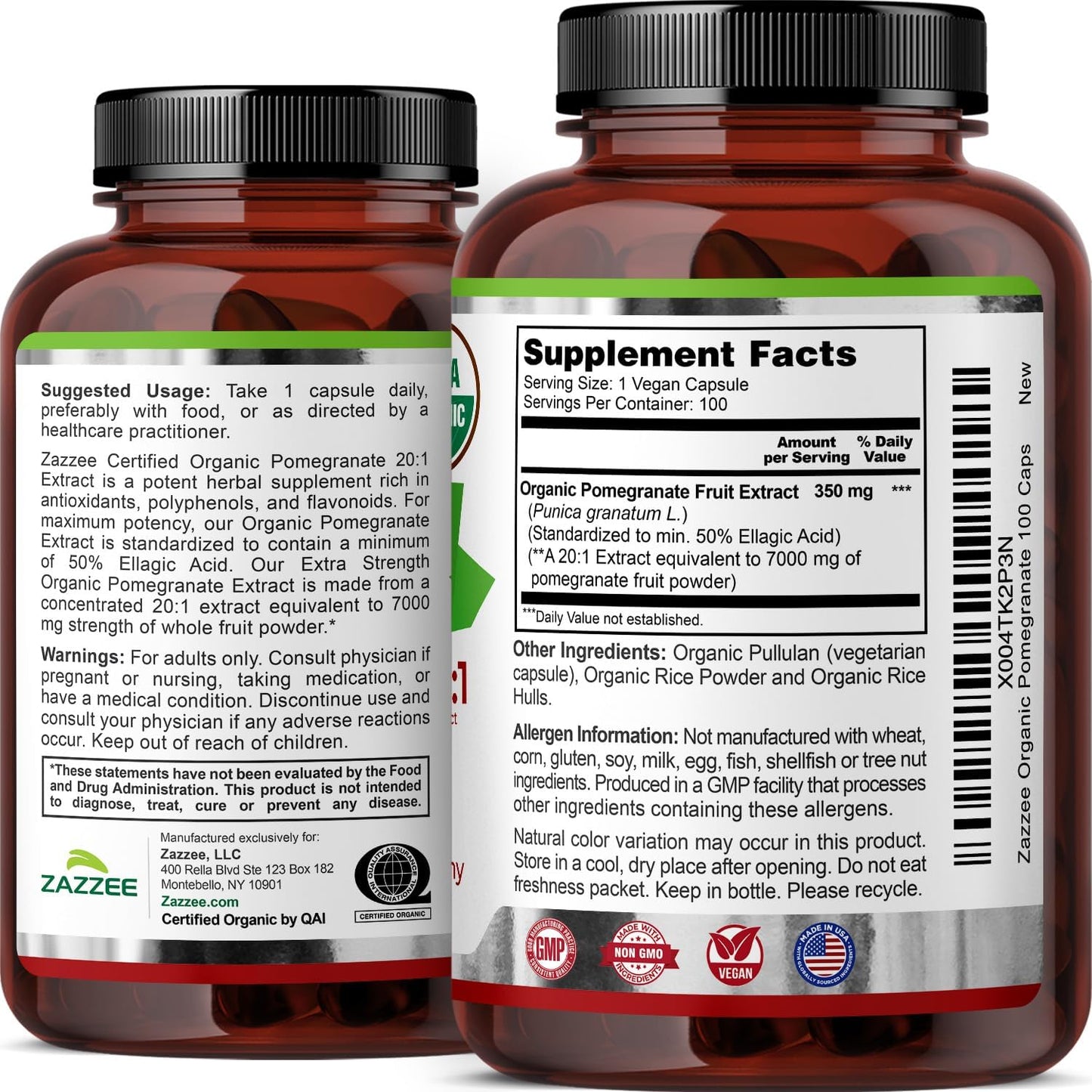 Zazzee USDA Organic Pomegranate 20:1 Extract, 50% Ellagic Acid 100 Capsules | Vegan, 3+ Month Supply, Punica Granatum, Antioxidant, Immune & Polyphenol Support, All-Natural, Non-GMO, Made in the USA - PrimeBioHealth - canada supplements