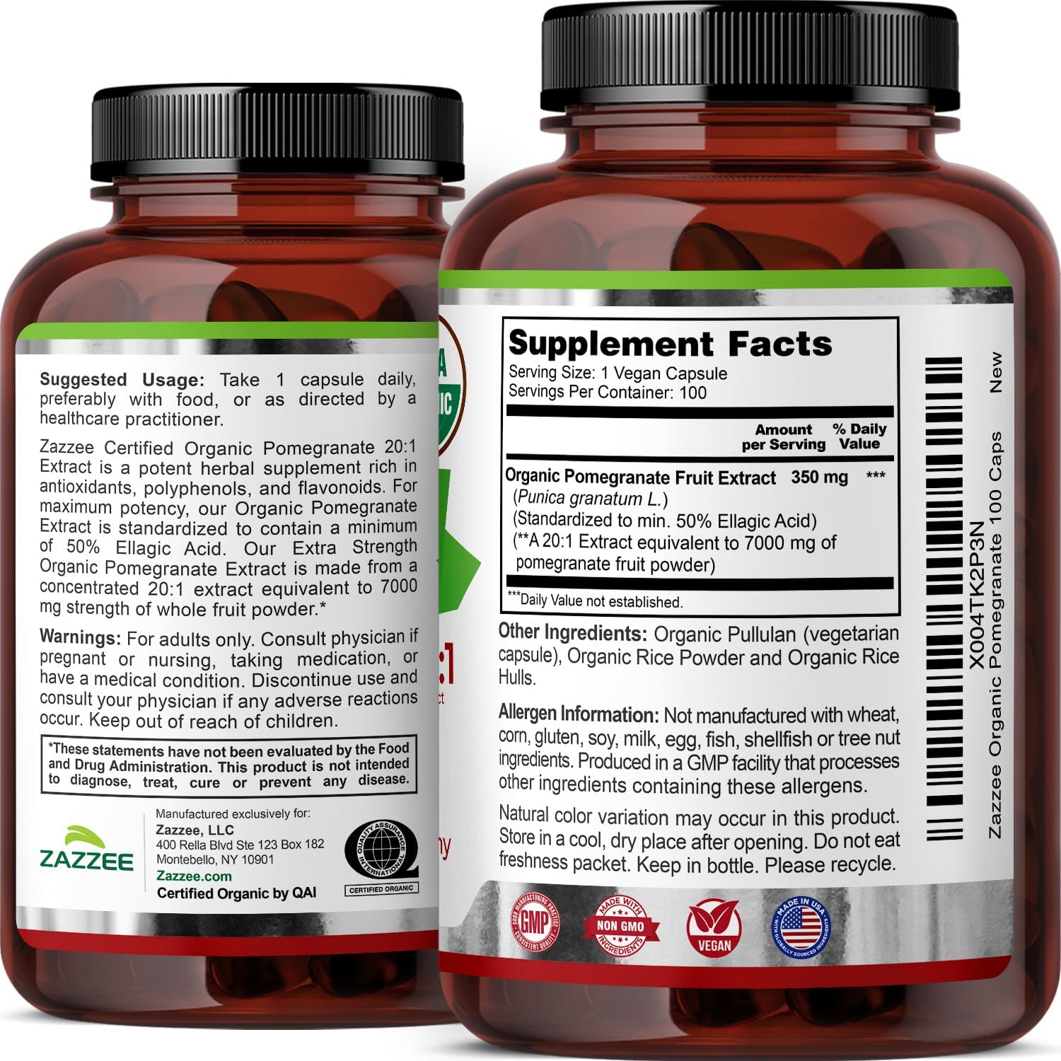 Zazzee USDA Organic Pomegranate 20:1 Extract, 50% Ellagic Acid 100 Capsules | Vegan, 3+ Month Supply, Punica Granatum, Antioxidant, Immune & Polyphenol Support, All-Natural, Non-GMO, Made in the USA - PrimeBioHealth - canada supplements