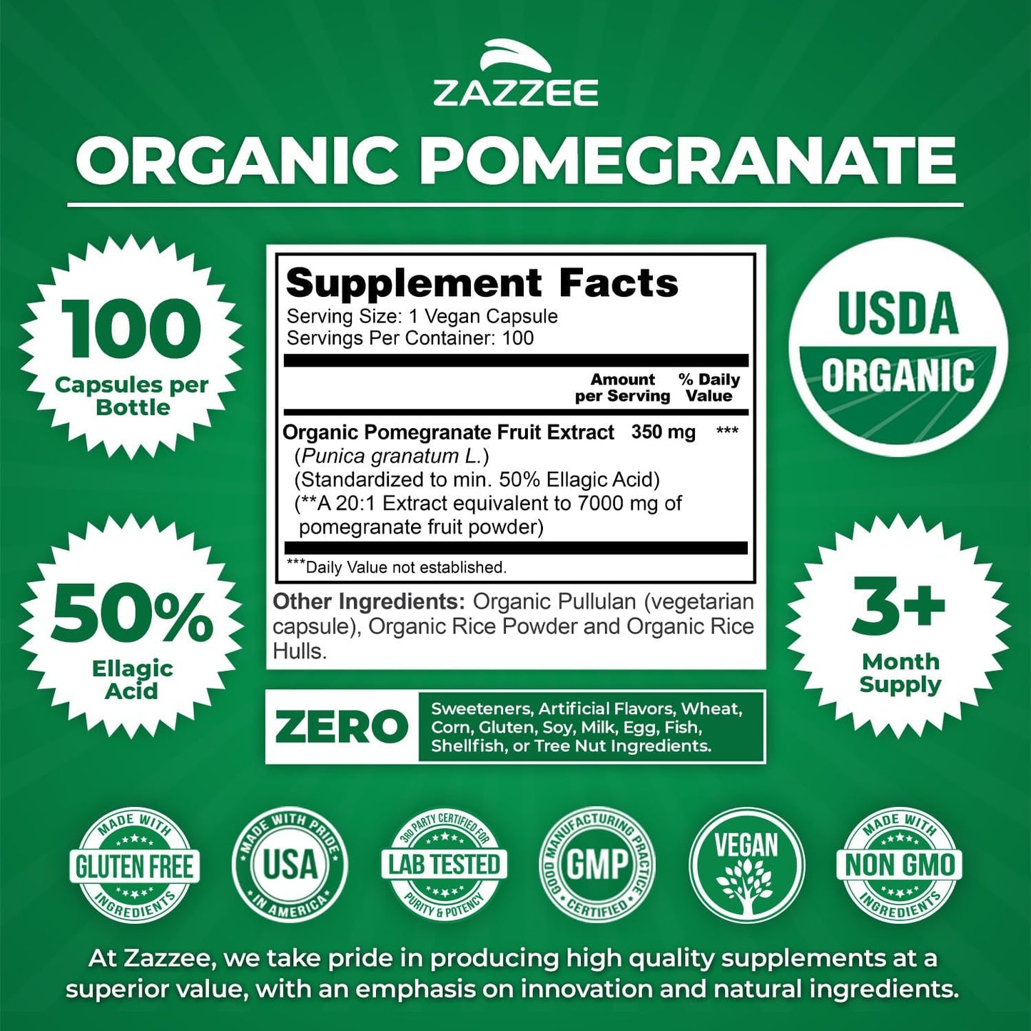 Zazzee USDA Organic Pomegranate 20:1 Extract, 50% Ellagic Acid 100 Capsules | Vegan, 3+ Month Supply, Punica Granatum, Antioxidant, Immune & Polyphenol Support, All-Natural, Non-GMO, Made in the USA - PrimeBioHealth - canada supplements