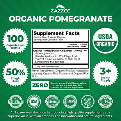 Zazzee USDA Organic Pomegranate 20:1 Extract, 50% Ellagic Acid 100 Capsules | Vegan, 3+ Month Supply, Punica Granatum, Antioxidant, Immune & Polyphenol Support, All-Natural, Non-GMO, Made in the USA - PrimeBioHealth - canada supplements