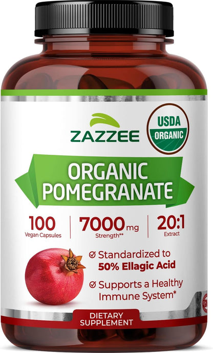 Zazzee USDA Organic Pomegranate 20:1 Extract, 50% Ellagic Acid 100 Capsules | Vegan, 3+ Month Supply, Punica Granatum, Antioxidant, Immune & Polyphenol Support, All-Natural, Non-GMO, Made in the USA - PrimeBioHealth - canada supplements