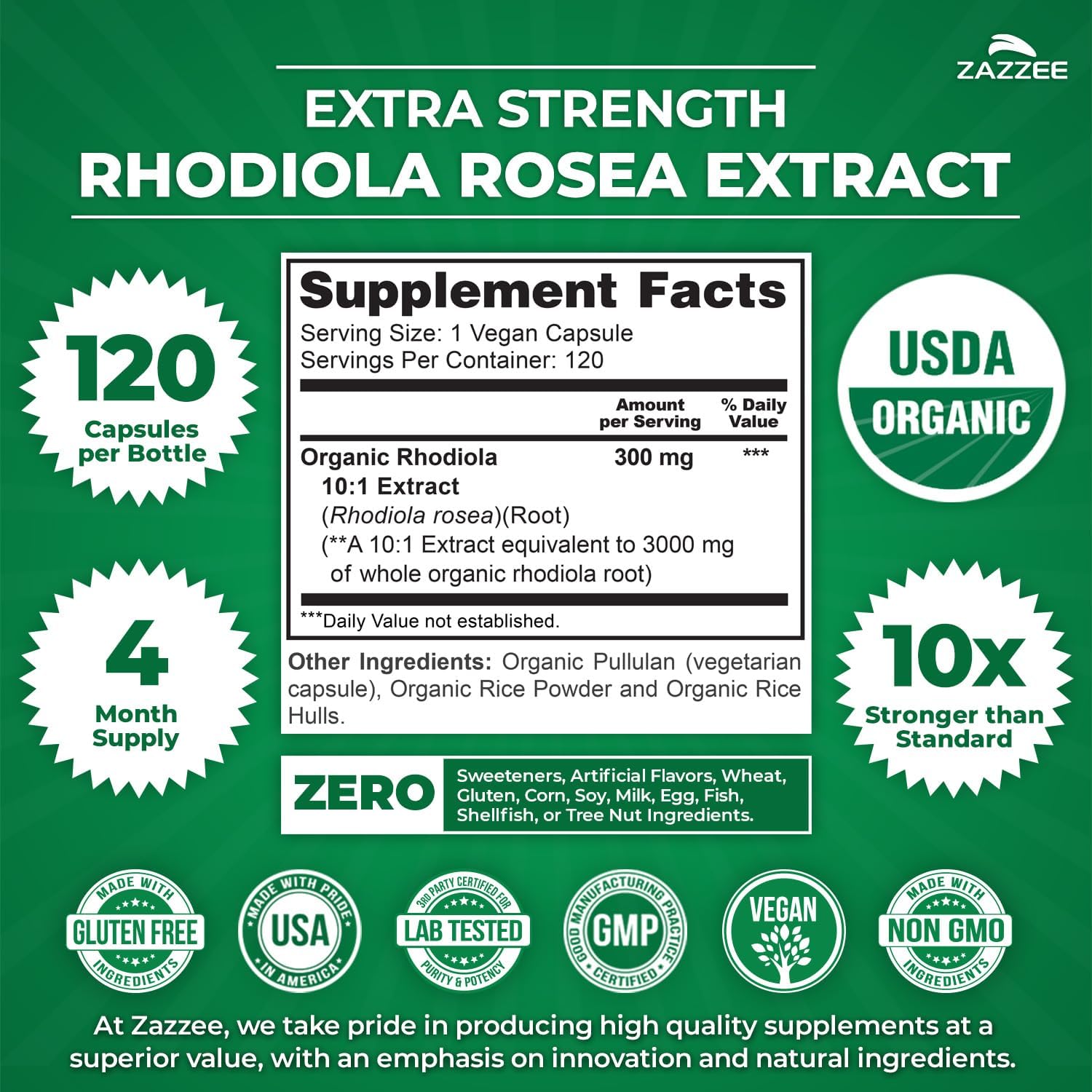 Zazzee USDA Organic Rhodiola 10:1 Extract, 120 Capsules, 4 Month Supply, Rhodiola Rosea, Energy, Stress & Mental Focus Support, Concentrated 10X Extract, All-Natural, Non-GMO, Made in the USA - PrimeBioHealth - canada supplements