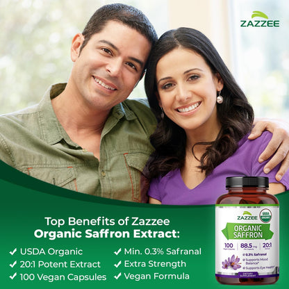 Zazzee USDA Organic Saffron 20:1 Extract, 88.5 mg, 0.3% Safranal, 100 Vegan Capsules, 3+ Month Supply, Concentrated and Standardized 20X Extract, Non-GMO, All-Natural, Made in the USA - PrimeBioHealth - canada supplements