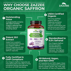 Zazzee USDA Organic Saffron 20:1 Extract, 88.5 mg, 0.3% Safranal, 100 Vegan Capsules, 3+ Month Supply, Concentrated and Standardized 20X Extract, Non-GMO, All-Natural, Made in the USA - PrimeBioHealth - canada supplements