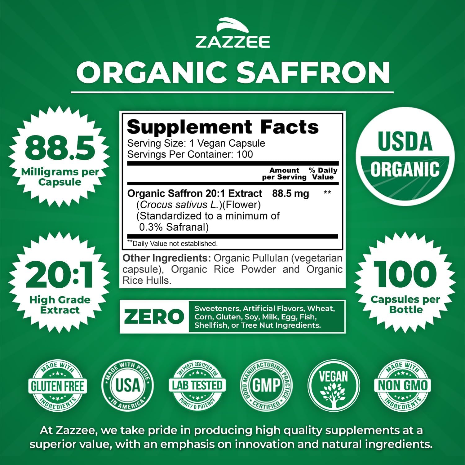 Zazzee USDA Organic Saffron 20:1 Extract, 88.5 mg, 0.3% Safranal, 100 Vegan Capsules, 3+ Month Supply, Concentrated and Standardized 20X Extract, Non-GMO, All-Natural, Made in the USA - PrimeBioHealth - canada supplements