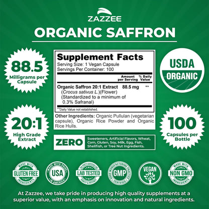 Zazzee USDA Organic Saffron 20:1 Extract, 88.5 mg, 0.3% Safranal, 100 Vegan Capsules, 3+ Month Supply, Concentrated and Standardized 20X Extract, Non-GMO, All-Natural, Made in the USA - PrimeBioHealth - canada supplements