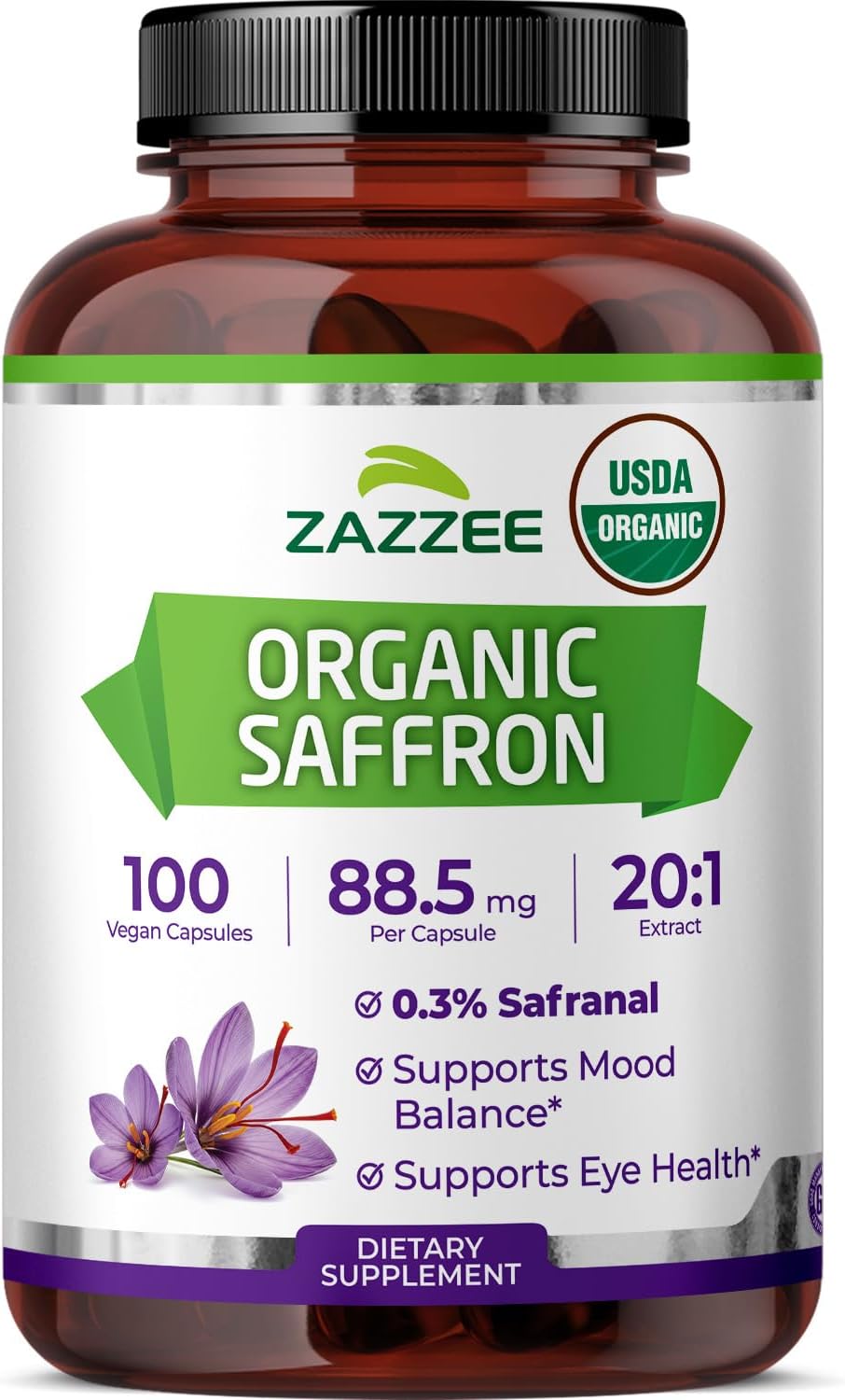 Zazzee USDA Organic Saffron 20:1 Extract, 88.5 mg, 0.3% Safranal, 100 Vegan Capsules, 3+ Month Supply, Concentrated and Standardized 20X Extract, Non-GMO, All-Natural, Made in the USA - PrimeBioHealth - canada supplements
