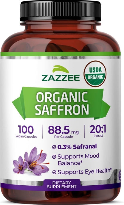 Zazzee USDA Organic Saffron 20:1 Extract, 88.5 mg, 0.3% Safranal, 100 Vegan Capsules, 3+ Month Supply, Concentrated and Standardized 20X Extract, Non-GMO, All-Natural, Made in the USA - PrimeBioHealth - canada supplements