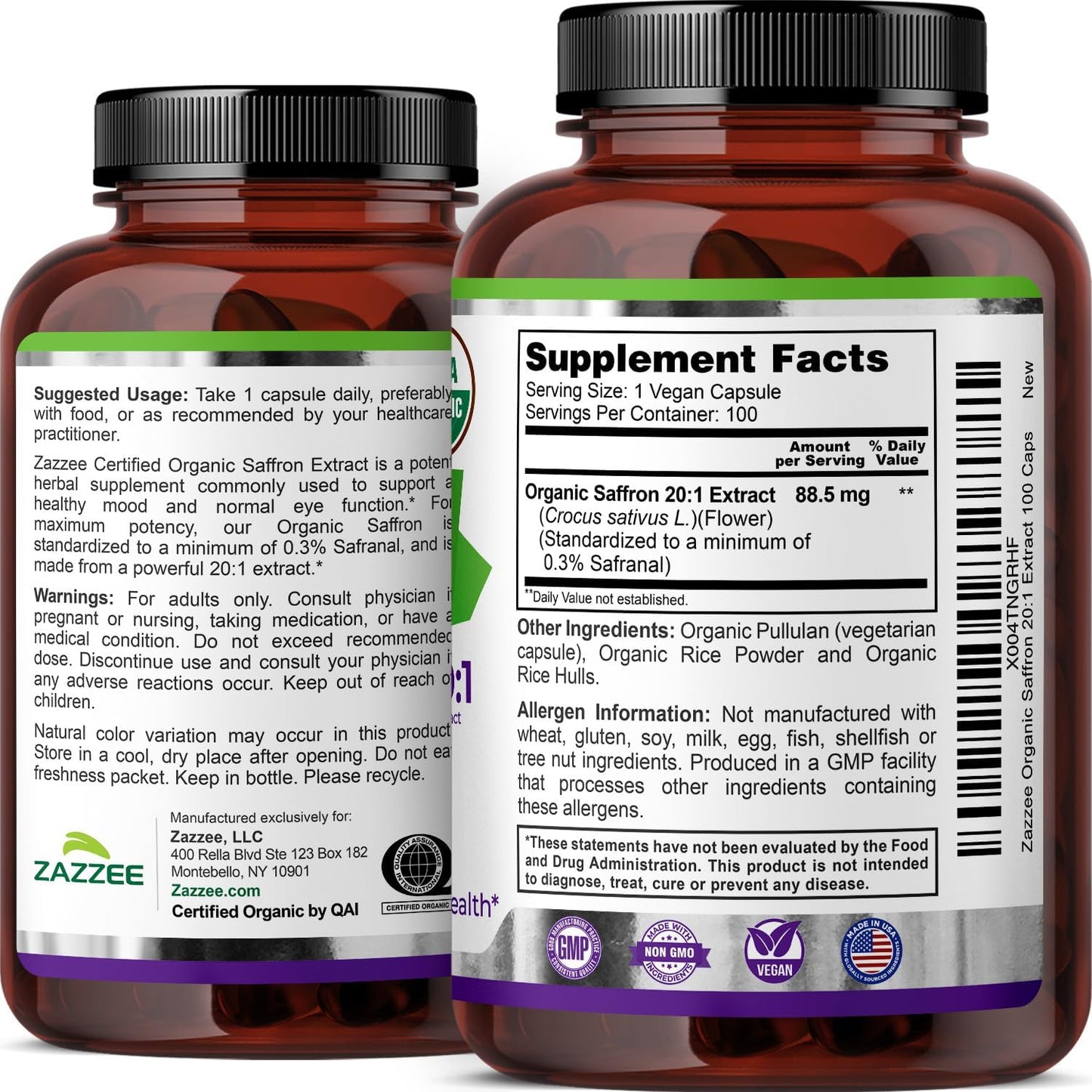 Zazzee USDA Organic Saffron 20:1 Extract, 88.5 mg, 0.3% Safranal, 100 Vegan Capsules, 3+ Month Supply, Concentrated and Standardized 20X Extract, Non-GMO, All-Natural, Made in the USA - PrimeBioHealth - canada supplements