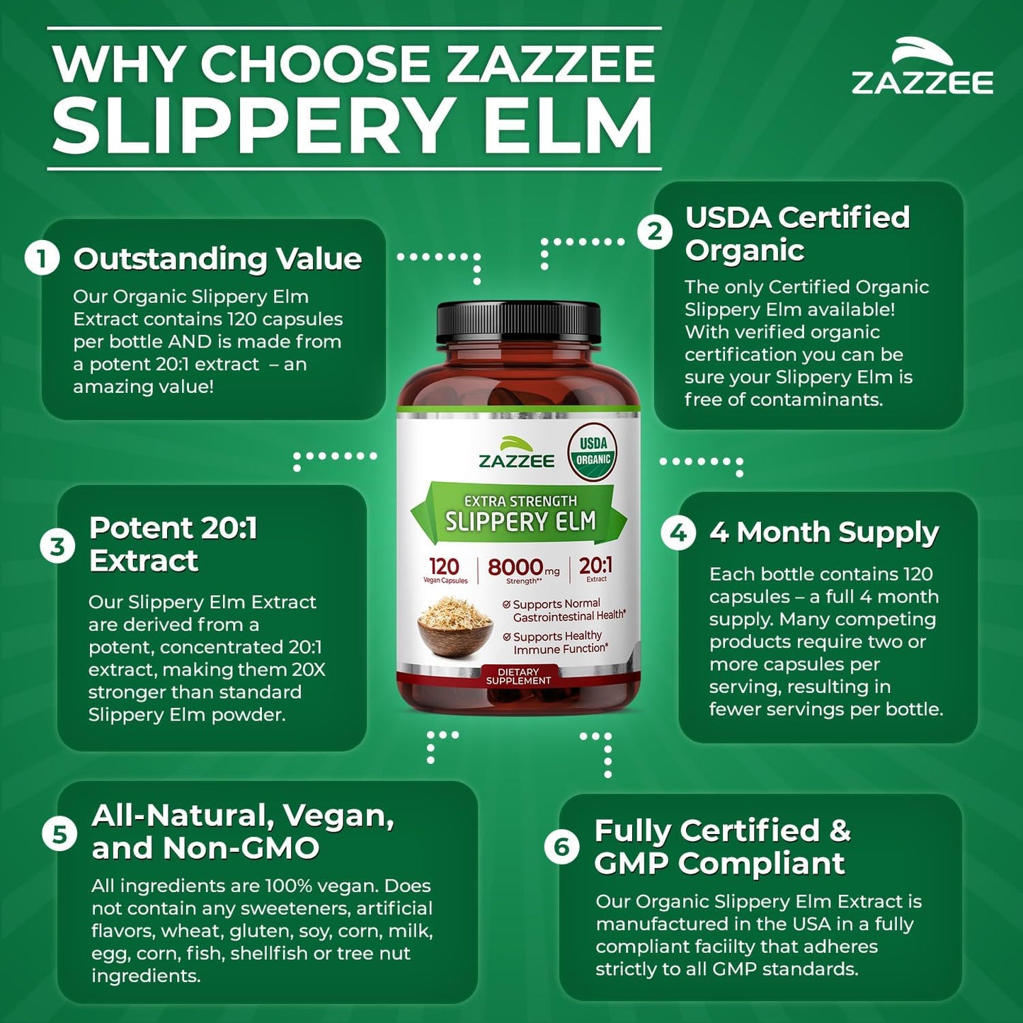 Zazzee USDA Organic Slippery Elm Bark 20:1 Extract, 120 Vegan Capsules, 4 Month Supply, Ulmus Rubra, Digestive, Throat & Mucosal Support, Herbal Supplement, All-Natural, Non-GMO, Made in the USA - PrimeBioHealth - canada supplements