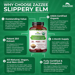 Zazzee USDA Organic Slippery Elm Bark 20:1 Extract, 120 Vegan Capsules, 4 Month Supply, Ulmus Rubra, Digestive, Throat & Mucosal Support, Herbal Supplement, All-Natural, Non-GMO, Made in the USA - PrimeBioHealth - canada supplements
