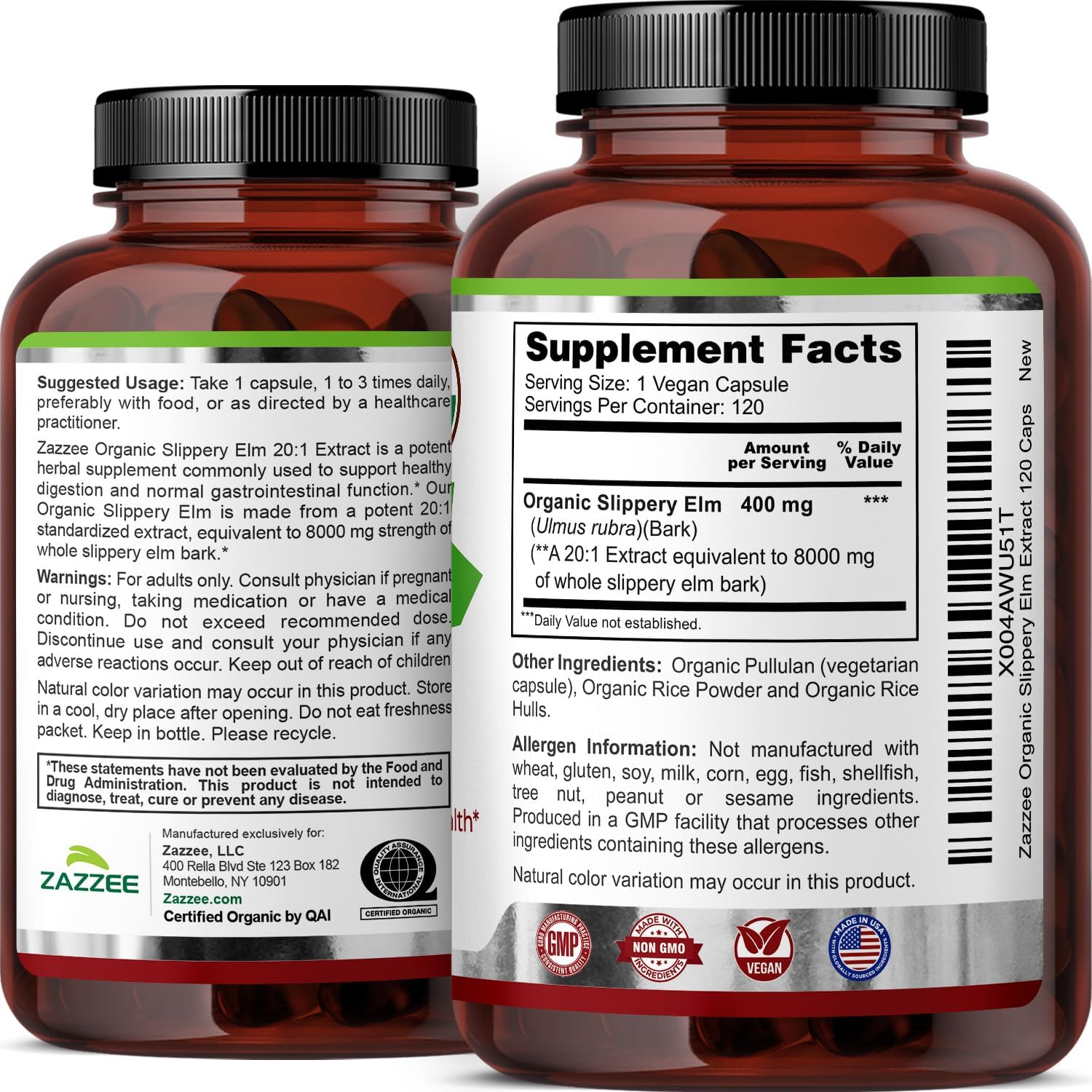 Zazzee USDA Organic Slippery Elm Bark 20:1 Extract, 120 Vegan Capsules, 4 Month Supply, Ulmus Rubra, Digestive, Throat & Mucosal Support, Herbal Supplement, All-Natural, Non-GMO, Made in the USA - PrimeBioHealth - canada supplements