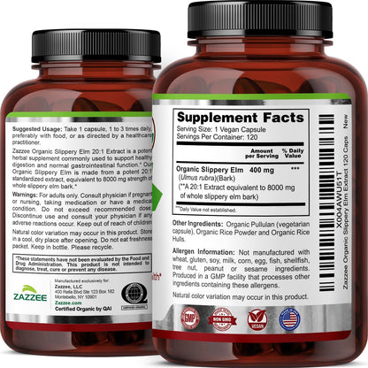Zazzee USDA Organic Slippery Elm Bark 20:1 Extract, 120 Vegan Capsules, 4 Month Supply, Ulmus Rubra, Digestive, Throat & Mucosal Support, Herbal Supplement, All-Natural, Non-GMO, Made in the USA - PrimeBioHealth - canada supplements