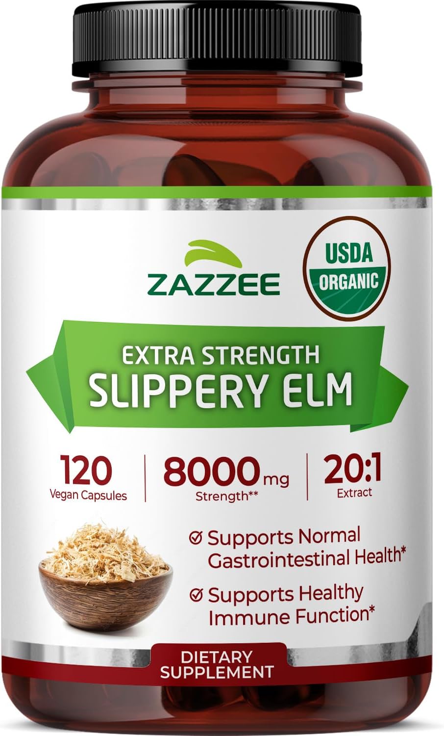 Zazzee USDA Organic Slippery Elm Bark 20:1 Extract, 120 Vegan Capsules, 4 Month Supply, Ulmus Rubra, Digestive, Throat & Mucosal Support, Herbal Supplement, All-Natural, Non-GMO, Made in the USA - PrimeBioHealth - canada supplements