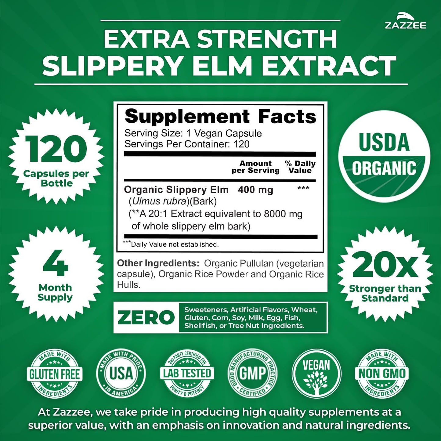 Zazzee USDA Organic Slippery Elm Bark 20:1 Extract, 120 Vegan Capsules, 4 Month Supply, Ulmus Rubra, Digestive, Throat & Mucosal Support, Herbal Supplement, All-Natural, Non-GMO, Made in the USA - PrimeBioHealth - canada supplements