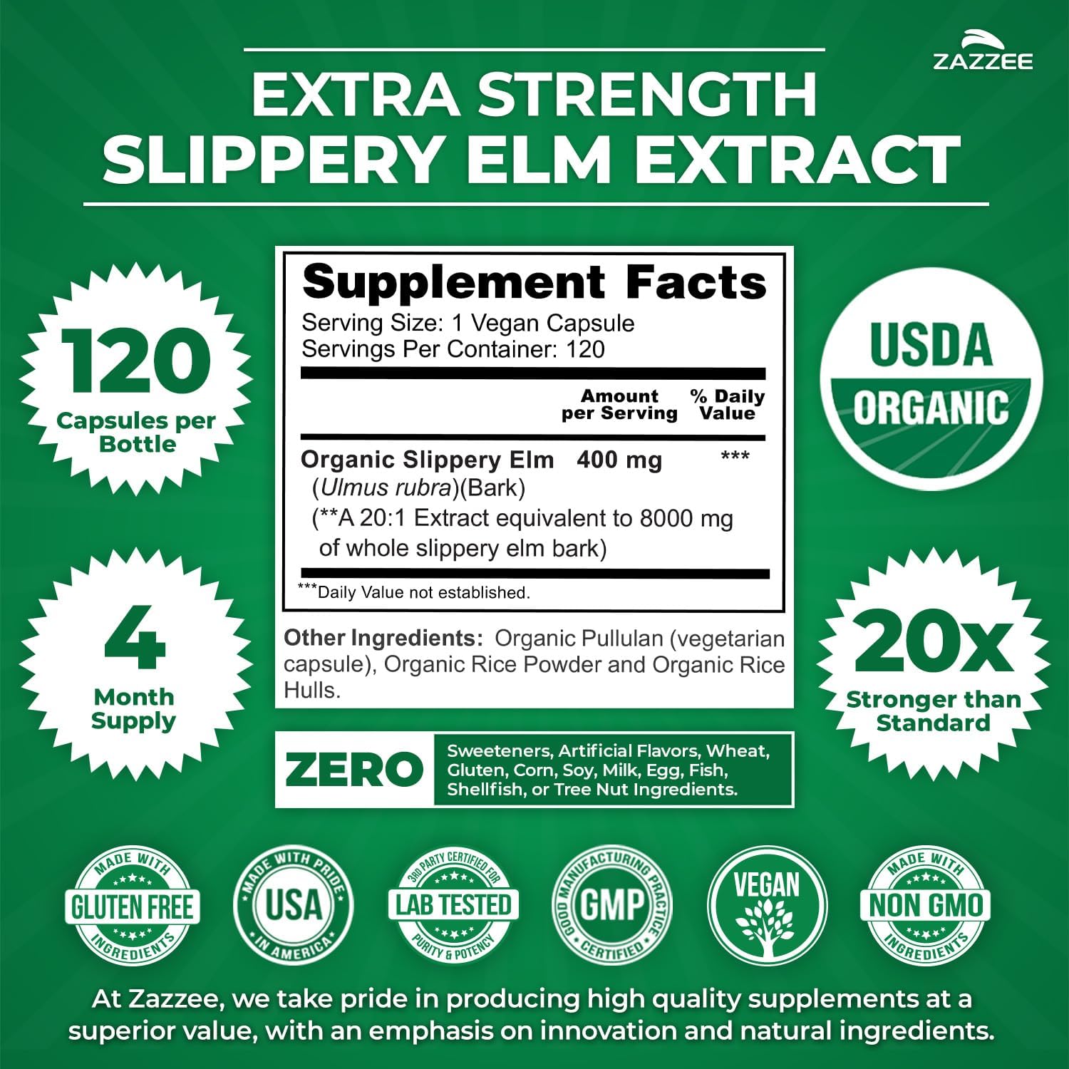 Zazzee USDA Organic Slippery Elm Bark 20:1 Extract, 120 Vegan Capsules, 4 Month Supply, Ulmus Rubra, Digestive, Throat & Mucosal Support, Herbal Supplement, All-Natural, Non-GMO, Made in the USA - PrimeBioHealth - canada supplements