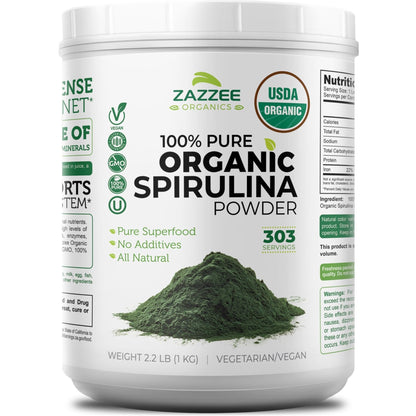 Zazzee USDA Organic Spirulina Powder, 2.2 Pounds (1 KG), 303 Servings, Certified Kosher, 100% Pure, Non-Irradiated, Mess-Free Wide Mouth Container, Fresh Smell and Neutral Taste, Non-GMO, Made in USA - PrimeBioHealth - canada supplements