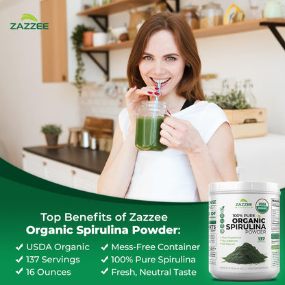 Zazzee USDA Organic Spirulina Powder, 2.2 Pounds (1 KG), 303 Servings, Certified Kosher, 100% Pure, Non-Irradiated, Mess-Free Wide Mouth Container, Fresh Smell and Neutral Taste, Non-GMO, Made in USA - PrimeBioHealth - canada supplements