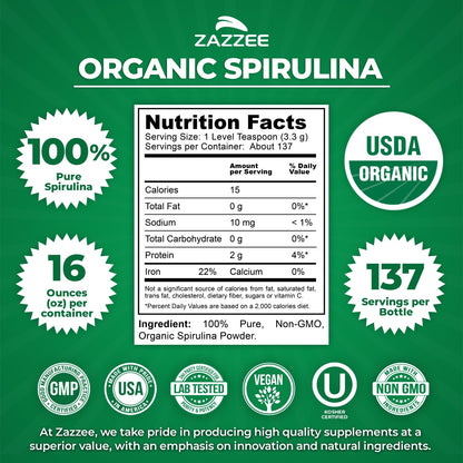 Zazzee USDA Organic Spirulina Powder, 2.2 Pounds (1 KG), 303 Servings, Certified Kosher, 100% Pure, Non-Irradiated, Mess-Free Wide Mouth Container, Fresh Smell and Neutral Taste, Non-GMO, Made in USA - PrimeBioHealth - canada supplements