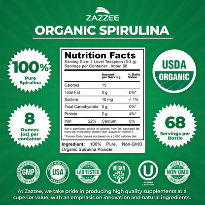 Zazzee USDA Organic Spirulina Powder, 2.2 Pounds (1 KG), 303 Servings, Certified Kosher, 100% Pure, Non-Irradiated, Mess-Free Wide Mouth Container, Fresh Smell and Neutral Taste, Non-GMO, Made in USA - PrimeBioHealth - canada supplements