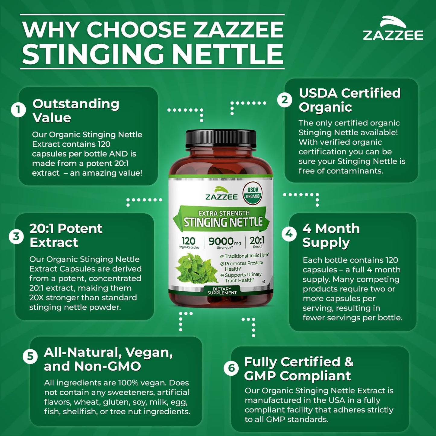 Zazzee USDA Organic Stinging Nettle Leaf 20:1 Extract, 120 Vegan Capsules, 4 Month Supply, Urtica Dioica, Respiratory, Immune & Seasonal Wellness Support, Organic Herbal Supplement, Made in the USA - PrimeBioHealth - canada supplements