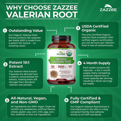 Zazzee USDA Organic Valerian Root 10:1 Extract, 120 Vegan Capsules, 4 Month Supply, Valeriana Officinalis, Relaxation, Calm & Mood Support, All-Natural, Non-GMO, Made in the USA - PrimeBioHealth - canada supplements