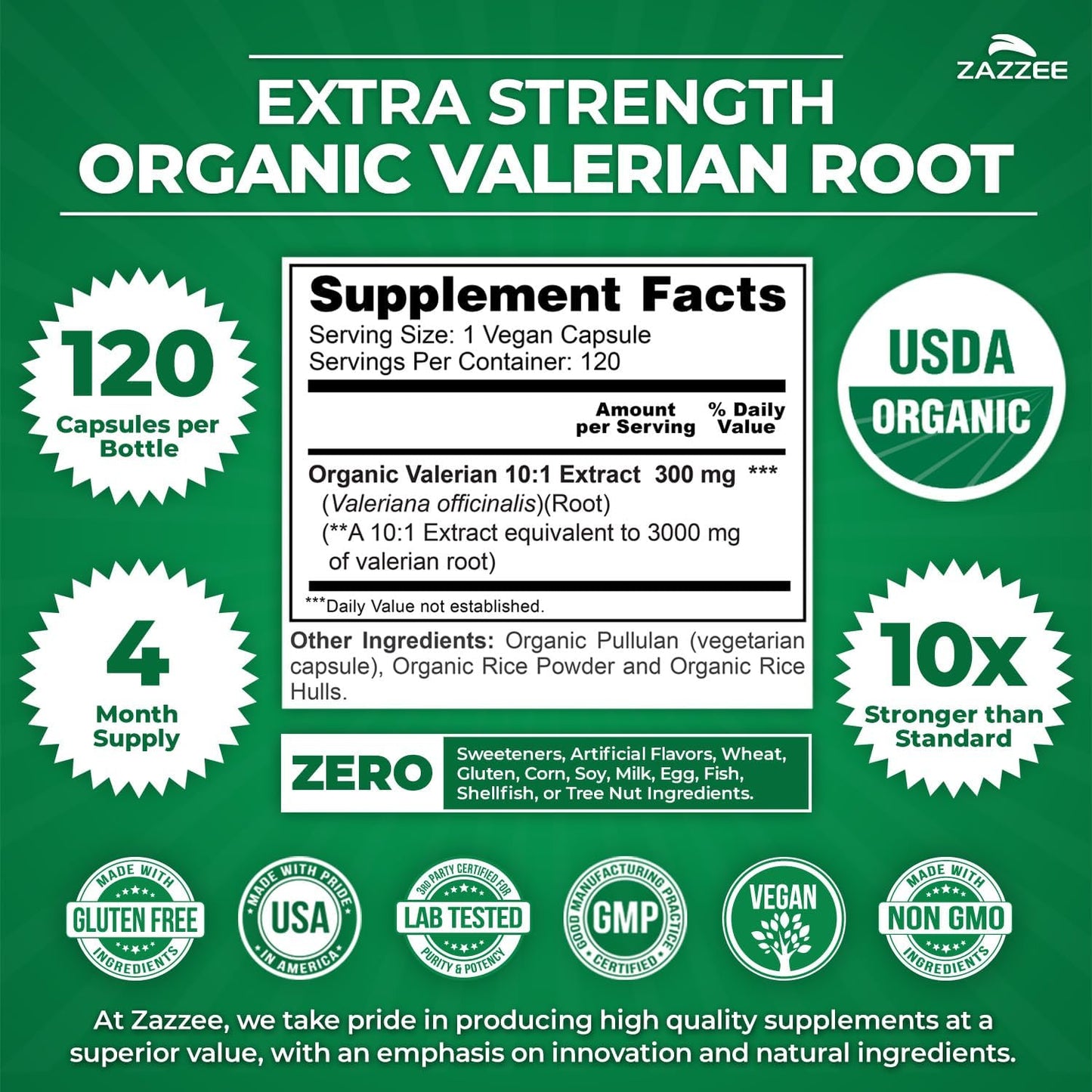 Zazzee USDA Organic Valerian Root 10:1 Extract, 120 Vegan Capsules, 4 Month Supply, Valeriana Officinalis, Relaxation, Calm & Mood Support, All-Natural, Non-GMO, Made in the USA - PrimeBioHealth - canada supplements