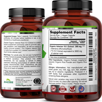 Zazzee USDA Organic Valerian Root 10:1 Extract, 120 Vegan Capsules, 4 Month Supply, Valeriana Officinalis, Relaxation, Calm & Mood Support, All-Natural, Non-GMO, Made in the USA - PrimeBioHealth - canada supplements