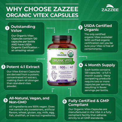 Zazzee USDA Organic Vitex 4:1 Extract, 120 Vegan Capsules, 4 Month Supply, Chaste Berry, Hormonal Balance & Cycle Support for Women, Certified Kosher, Vitex Agnus-Castus, Non-GMO, Made in the USA - PrimeBioHealth - canada supplements