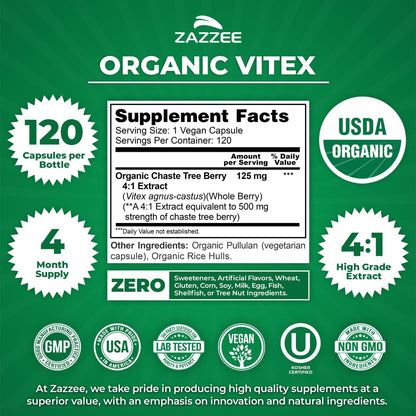 Zazzee USDA Organic Vitex 4:1 Extract, 120 Vegan Capsules, 4 Month Supply, Chaste Berry, Hormonal Balance & Cycle Support for Women, Certified Kosher, Vitex Agnus-Castus, Non-GMO, Made in the USA - PrimeBioHealth - canada supplements
