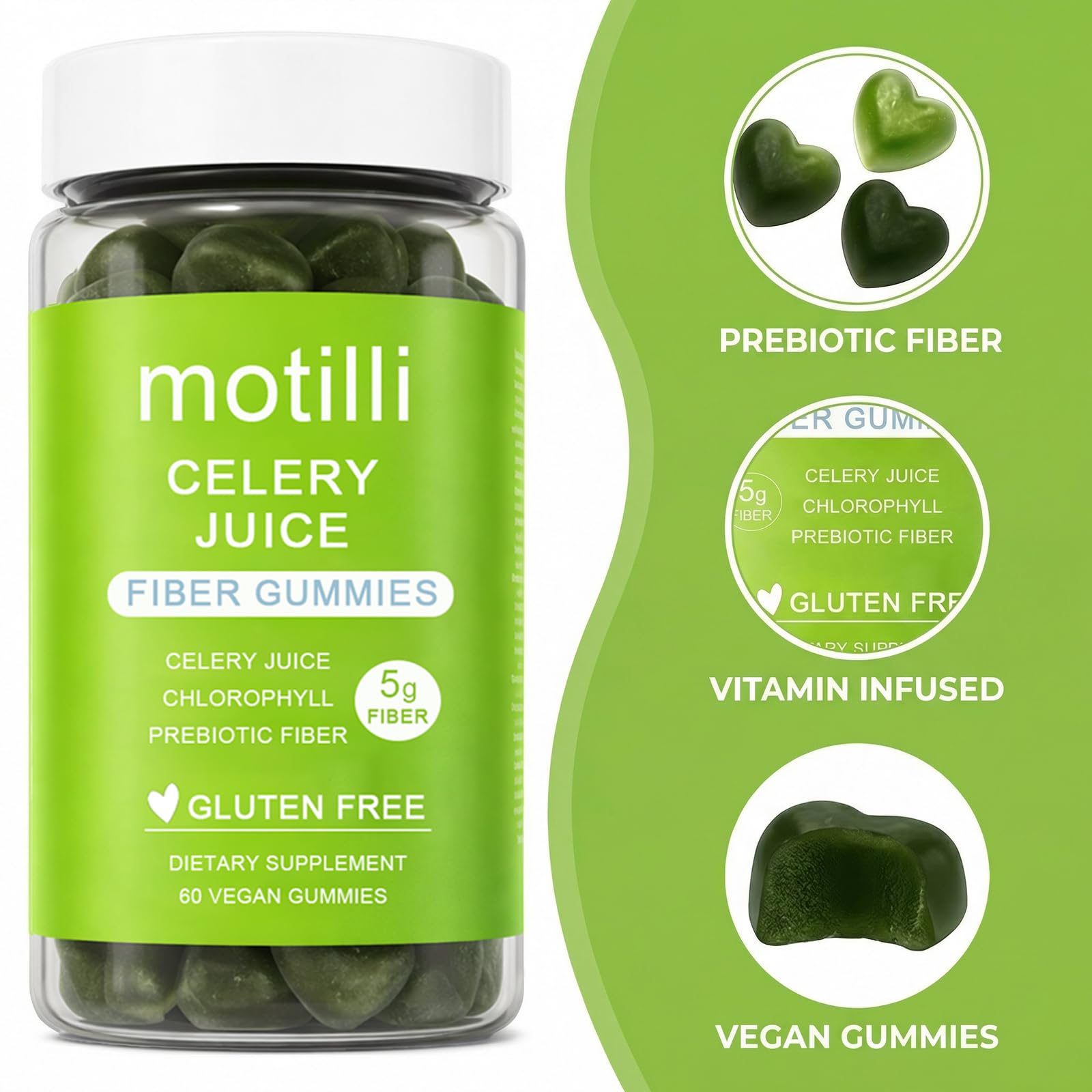 zdiwond Motilli Celery Juice Fiber Gummies, with Prebiotic Fiber and Botanical Ingredients, 60 Count - PrimeBioHealth - canada supplements