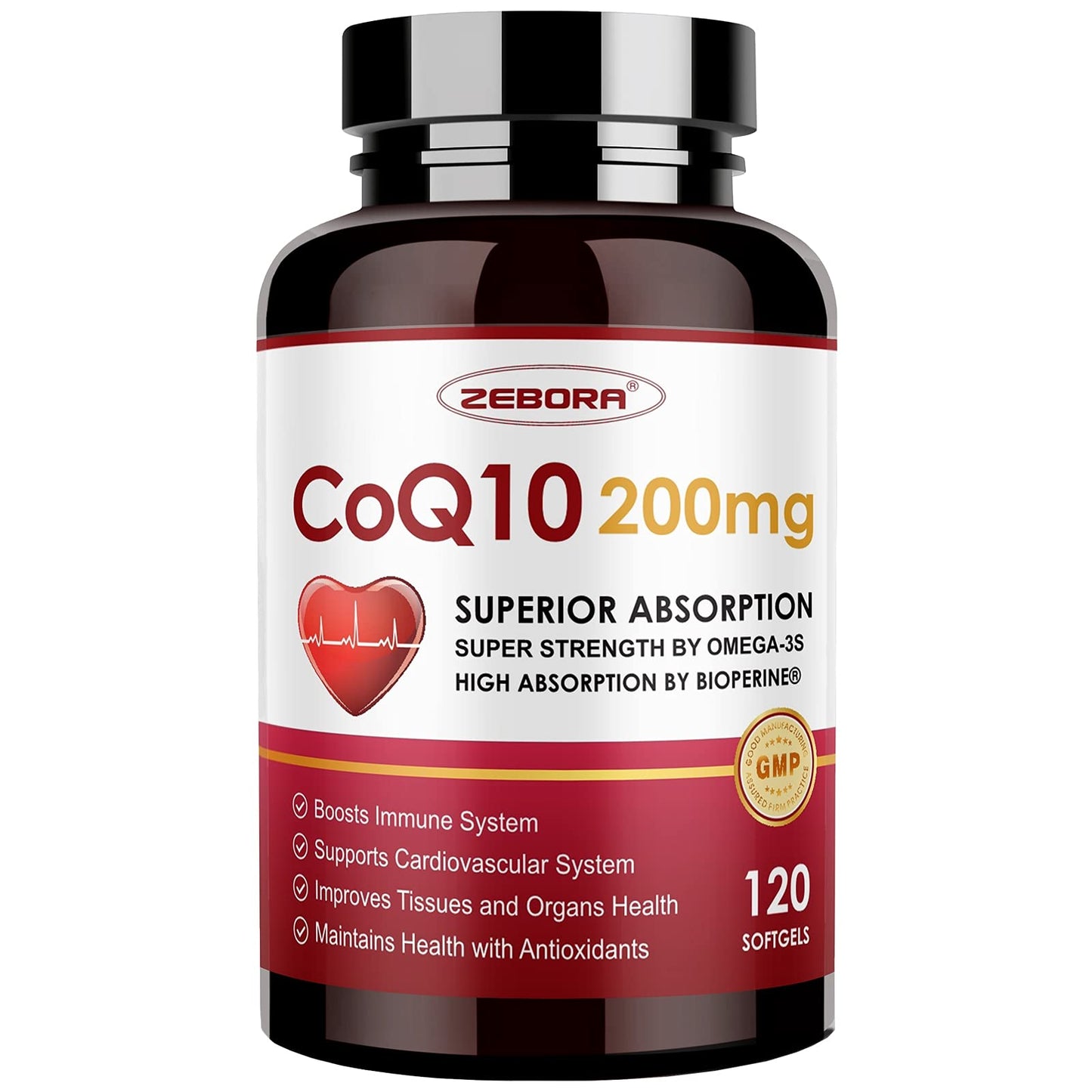 ZEBORA CoQ10-200mg-Softgels with PQQ, BioPerine & Omega-3, 120 Servings Coenzyme Q10(Ubiquinone) Supplement for High-Absorption, Powerful-Antioxidant - PrimeBioHealth - canada supplements
