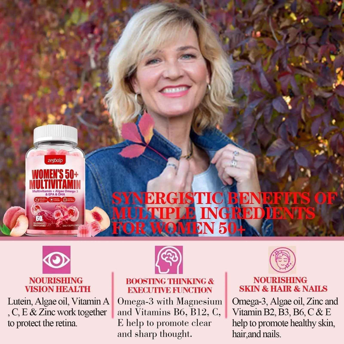 ZEGBALP Sugar-Free Womens Multivitamin 50 Plus Gummies with Calcium, Magnesium, Zinc, Vitamin A, C, D3, E, K2, B Complex, Folate, Biotin