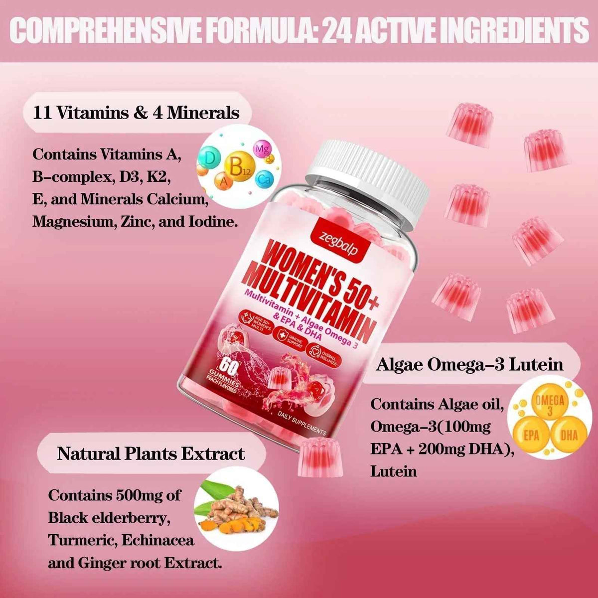 ZEGBALP Sugar-Free Womens Multivitamin 50 Plus Gummies with Calcium, Magnesium, Zinc, Vitamin A, C, D3, E, K2, B Complex, Folate, Biotin