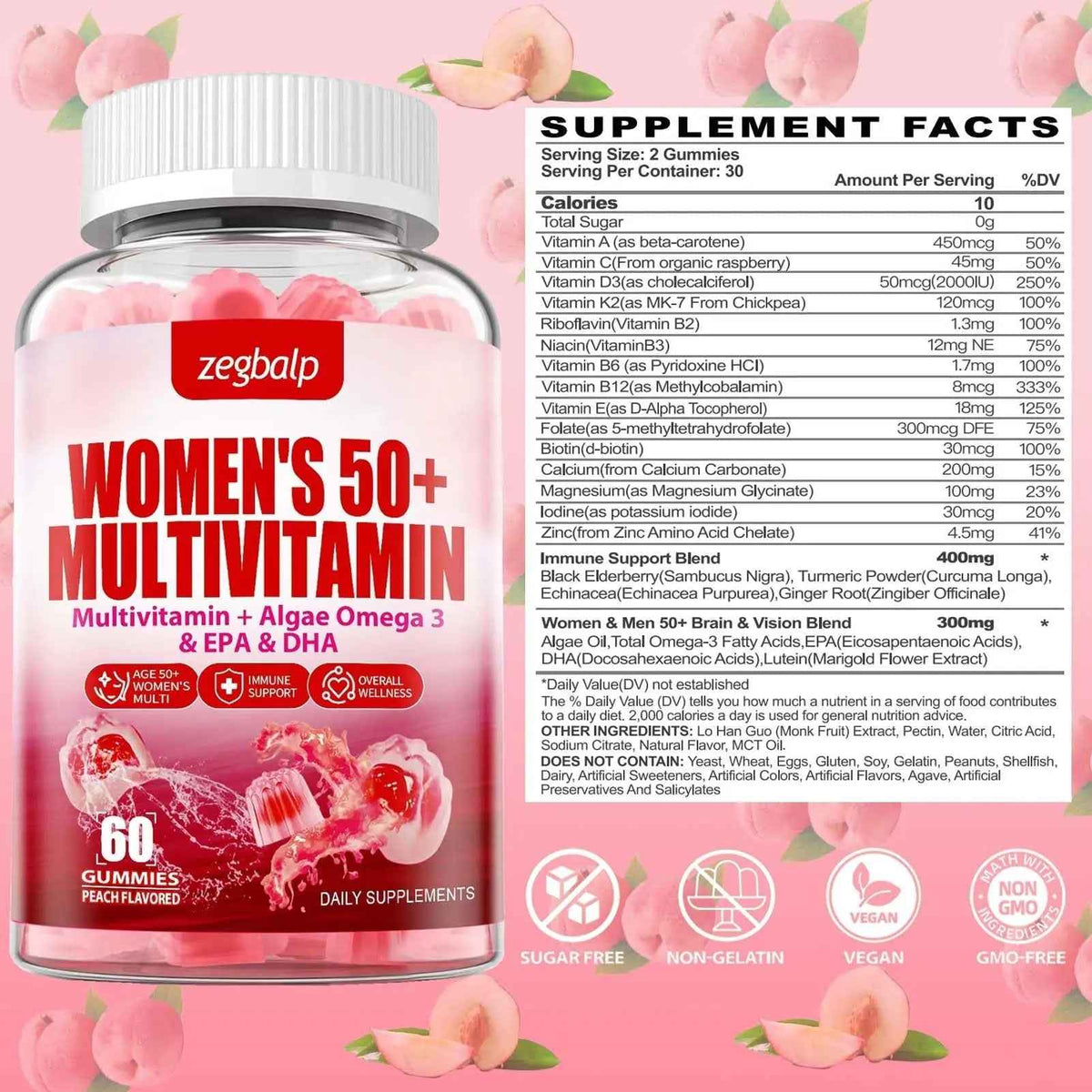 ZEGBALP Sugar-Free Womens Multivitamin 50 Plus Gummies with Calcium, Magnesium, Zinc, Vitamin A, C, D3, E, K2, B Complex, Folate, Biotin