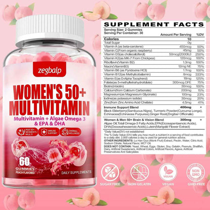 ZEGBALP Sugar-Free Womens Multivitamin 50 Plus Gummies with Calcium, Magnesium, Zinc, Vitamin A, C, D3, E, K2, B Complex, Folate, Biotin