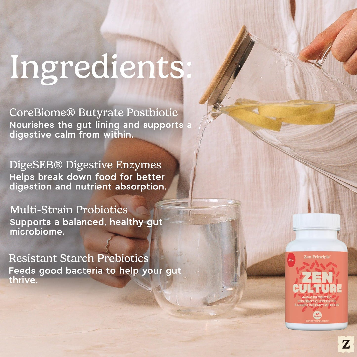 Zen Principle Zenculture™ – 4-in-1 Synbiotic Supplement (Probiotic + Prebiotic + Postbiotic + Digestive Enzymes) with CoreBiome®. Anti Bloating, - PrimeBioHealth - canada supplements