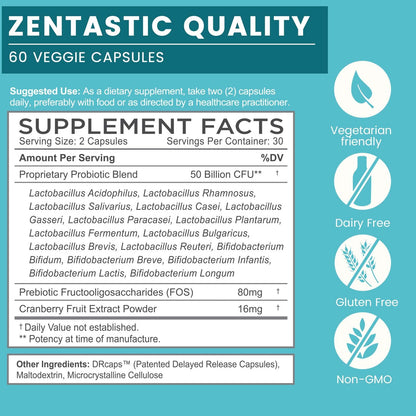 Zentastic Probiotics & Prebiotics Supplement - 50 Billion CFU - for Men & Women’s Immune & Digestive Health - 16 Strains - Shelf Stable - PrimeBioHealth - canada supplements
